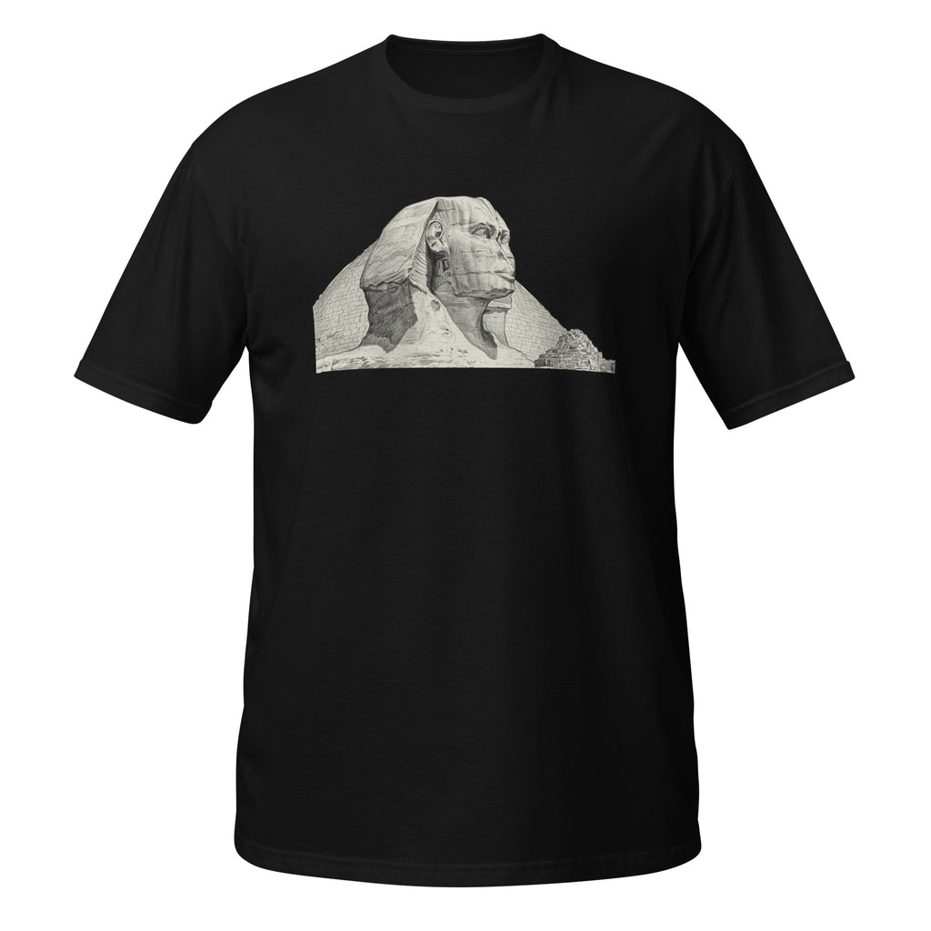 T-shirt noir avec illustration au crayon du Sphinx de Gizeh et des pyramides d'Égypte