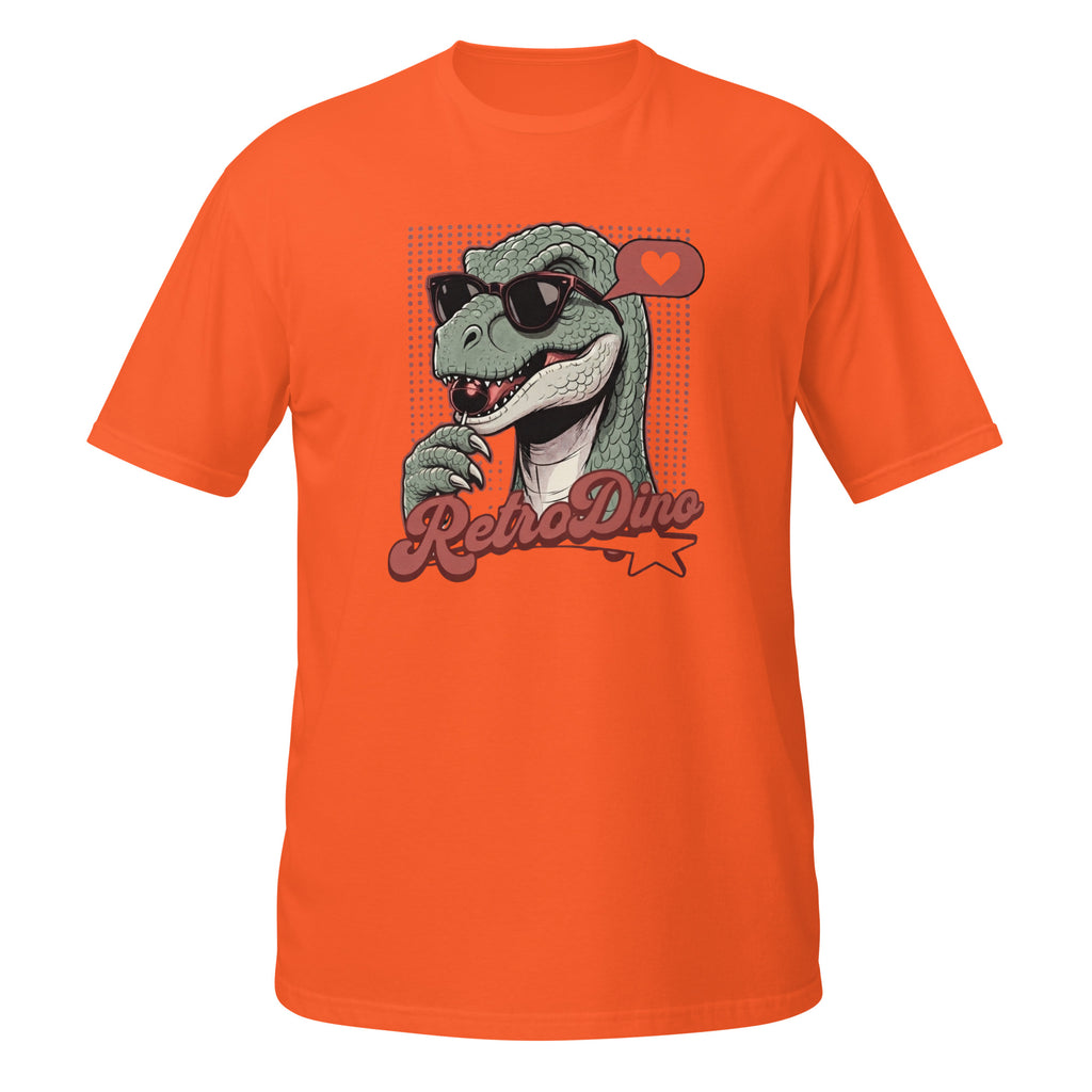 T-shirt orange avec illustration rétro d'un dinosaure à lunettes de soleil et texte "RetroDino"