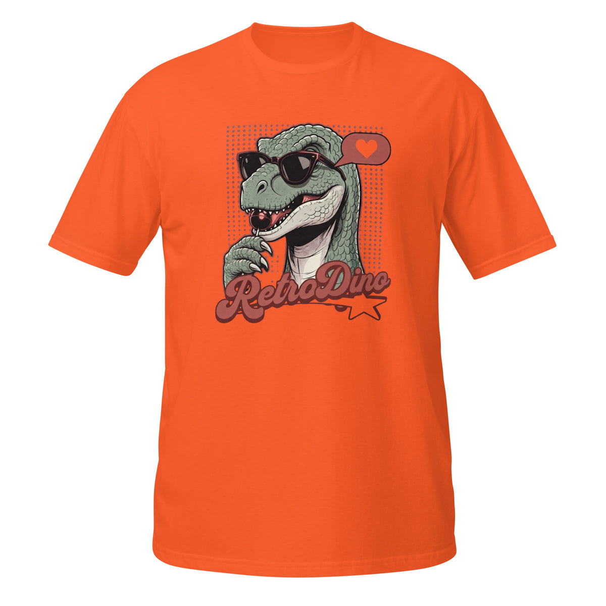 T-shirt orange avec illustration rétro d'un dinosaure à lunettes de soleil et texte "RetroDino"