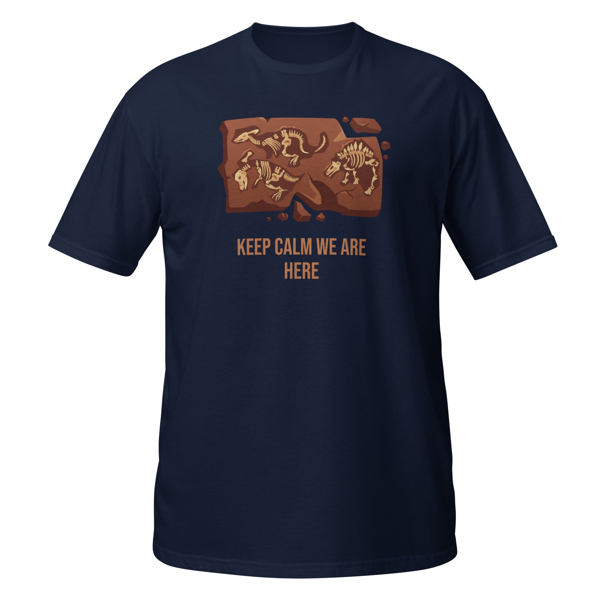 T-shirt de paléontologie bleu foncé avec illustration de fossiles de dinosaures et inscription « Keep Calm We Are Here »