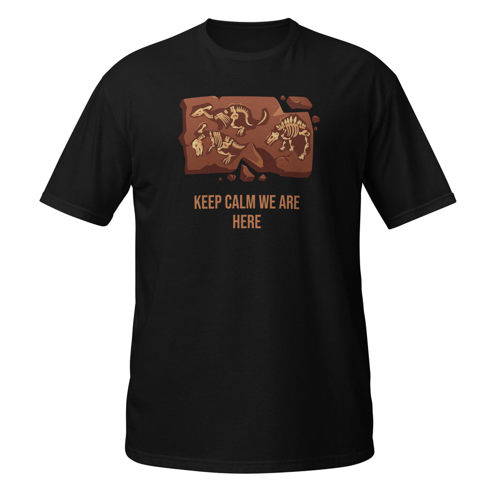 T-shirt de paléontologie noir avec illustration de fossiles de dinosaures et inscription « Keep Calm We Are Here »