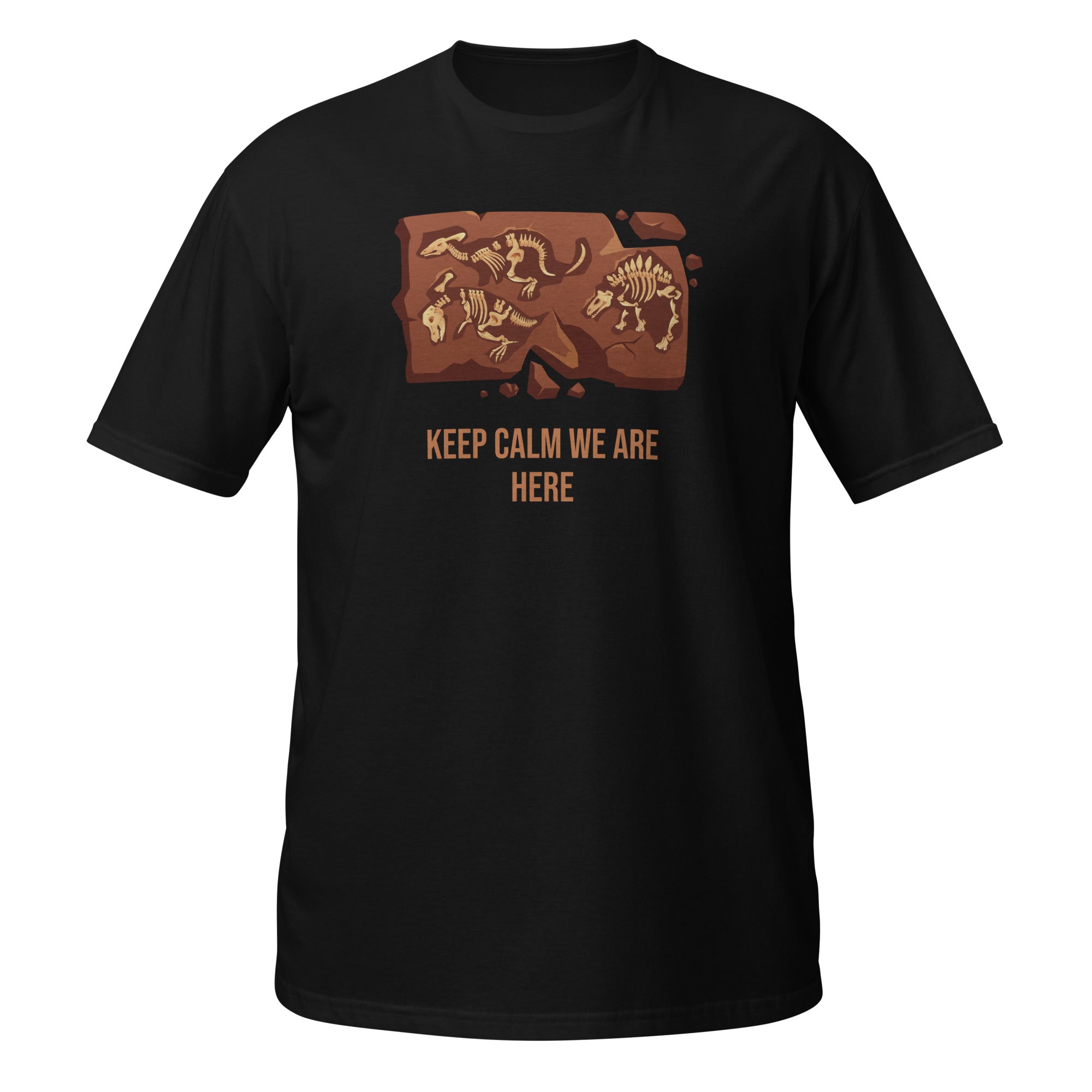 T-shirt de paléontologie noir avec illustration de fossiles de dinosaures et inscription « Keep Calm We Are Here »