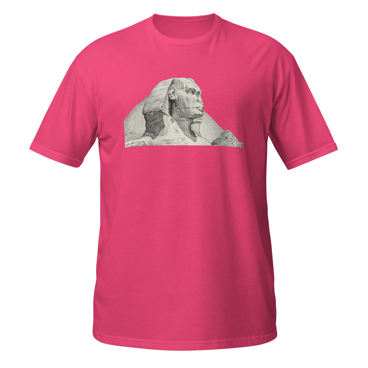 T-shirt rose avec illustration au crayon du Sphinx de Gizeh et des pyramides d'Égypte