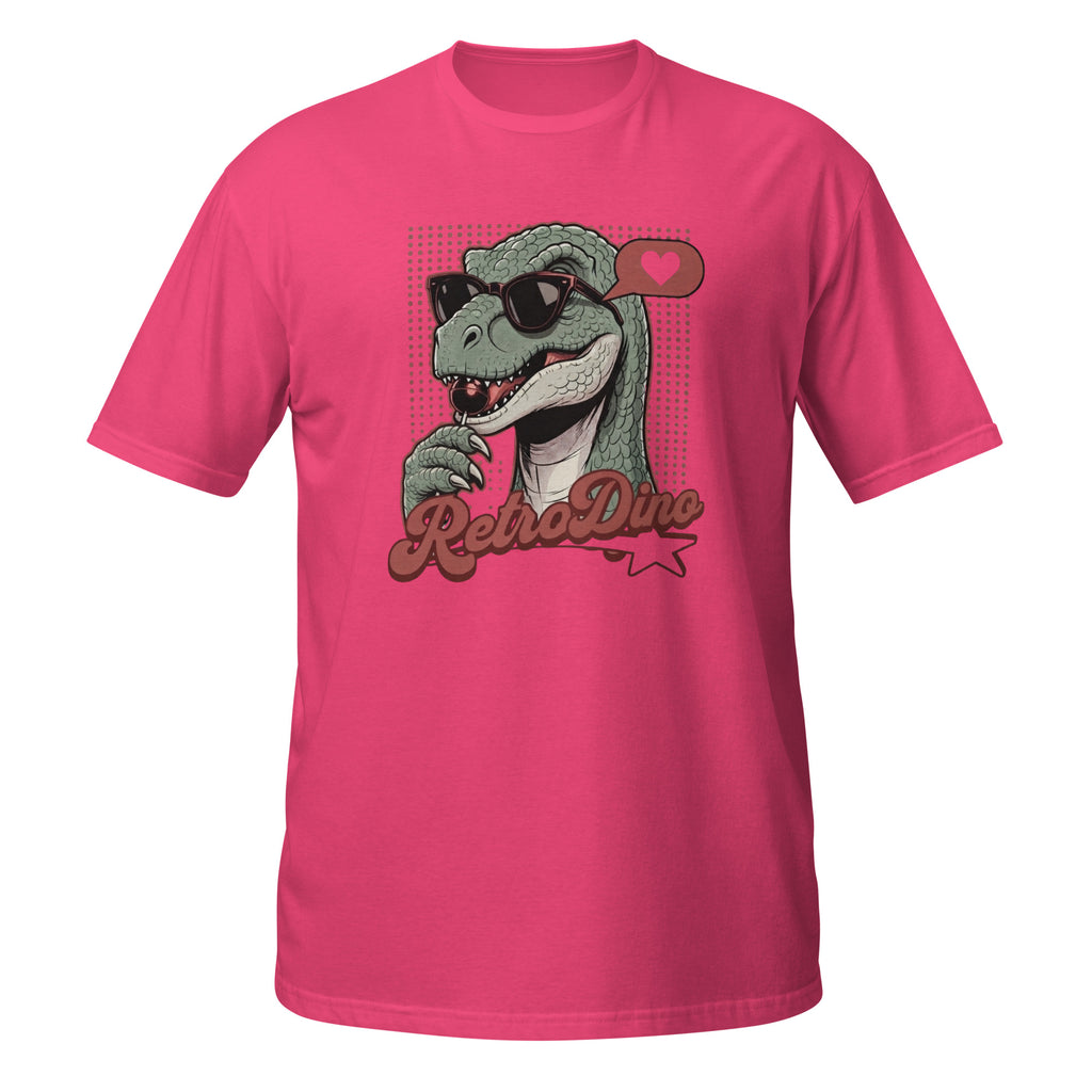 T-shirt rose avec illustration rétro d'un dinosaure à lunettes de soleil et texte "RetroDino"