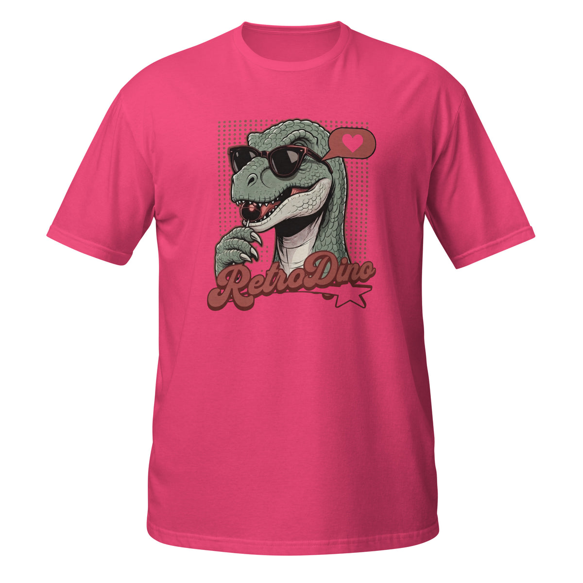 T-shirt rose avec illustration rétro d'un dinosaure à lunettes de soleil et texte "RetroDino"