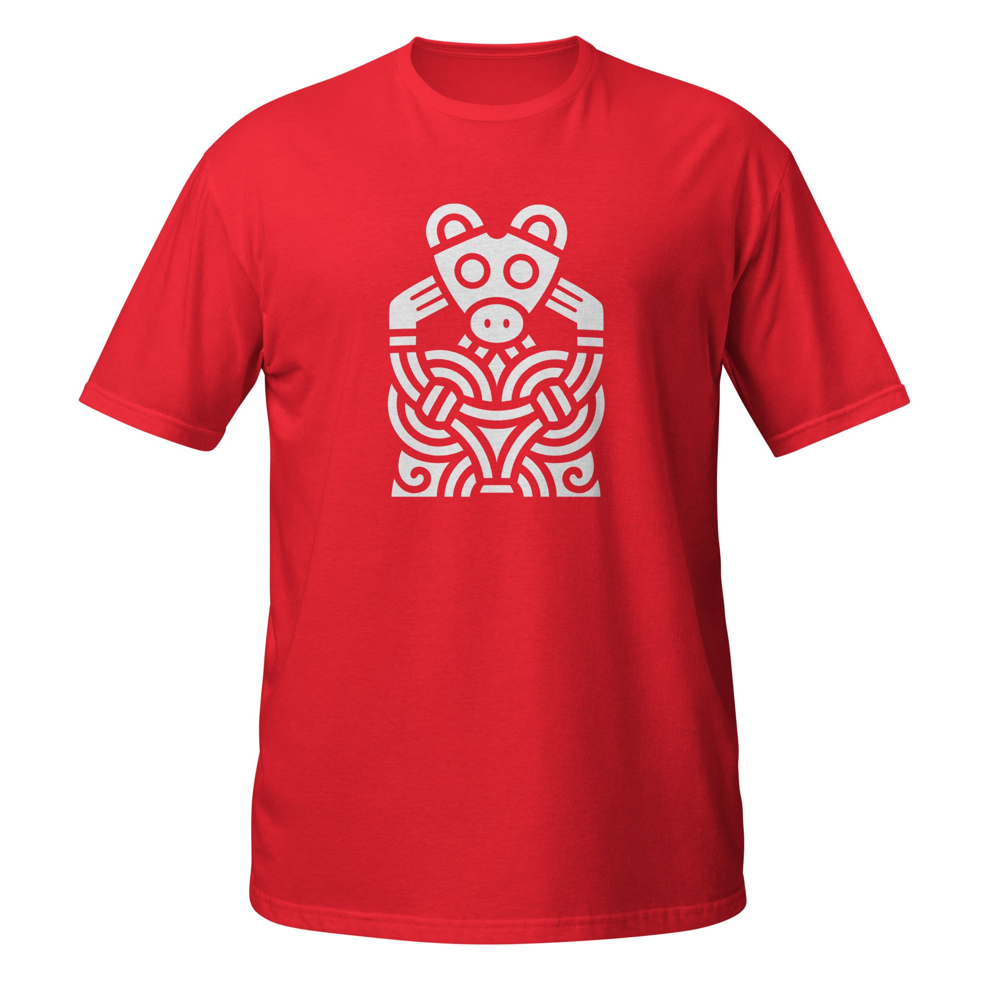T-shirt rouge figure animale viking entrelacs blanc