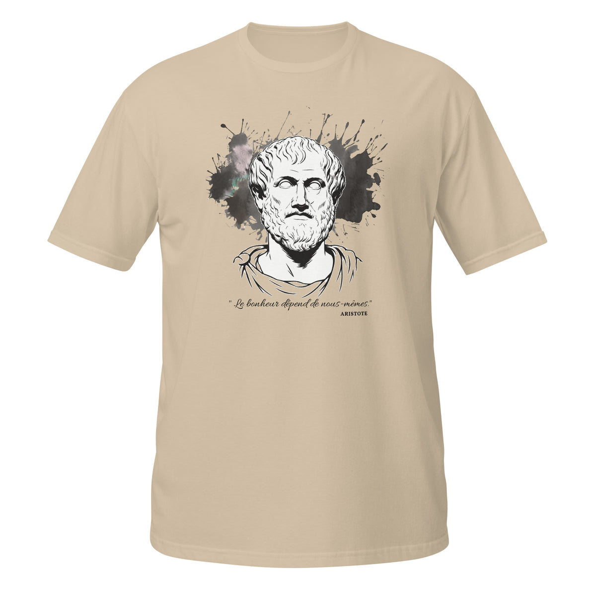 T-shirt couleur sable avec buste antique d'Aristote, éclaboussures d'encre en arrière-plan et citation "Le bonheur dépend de nous-mêmes"