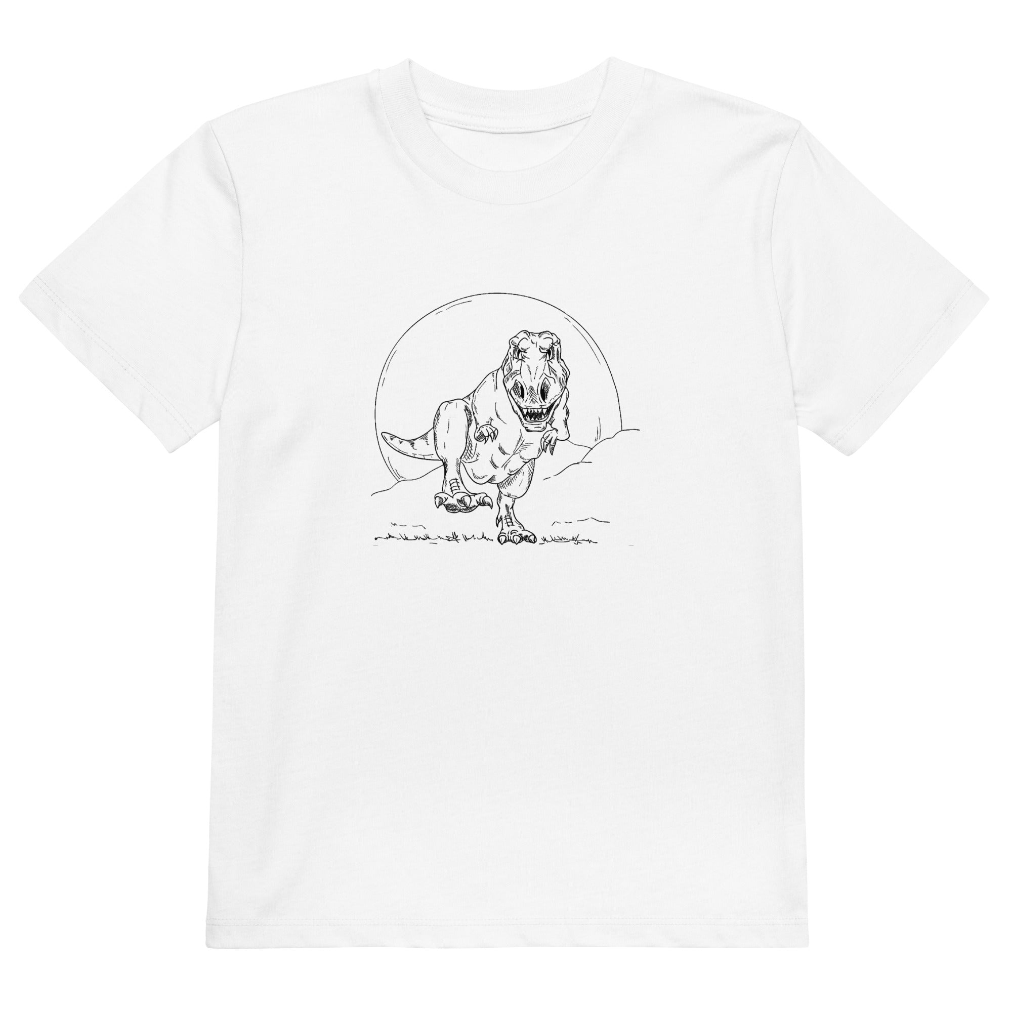 T-shirt blanc enfant présenté à plat illustration Tyrannosaure Rex dessin ligne dinosaure paléontologie
