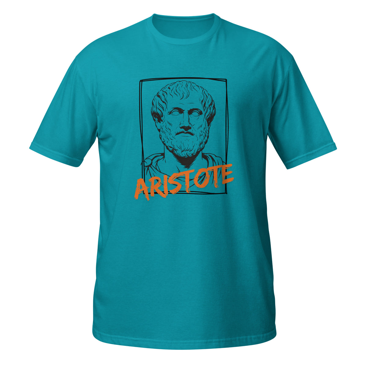 T-shirt turquoise avec portrait croquis d'Aristote encadré d'un trait dessiné à la main et son nom écrit en typographie graffiti orange