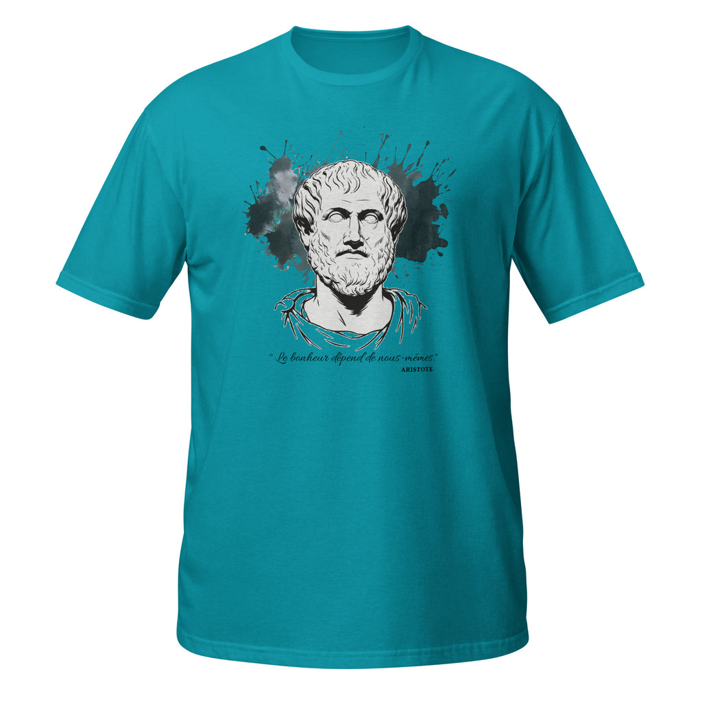 T-shirt turquoise avec buste antique d'Aristote, éclaboussures d'encre en arrière-plan et citation "Le bonheur dépend de nous-mêmes"