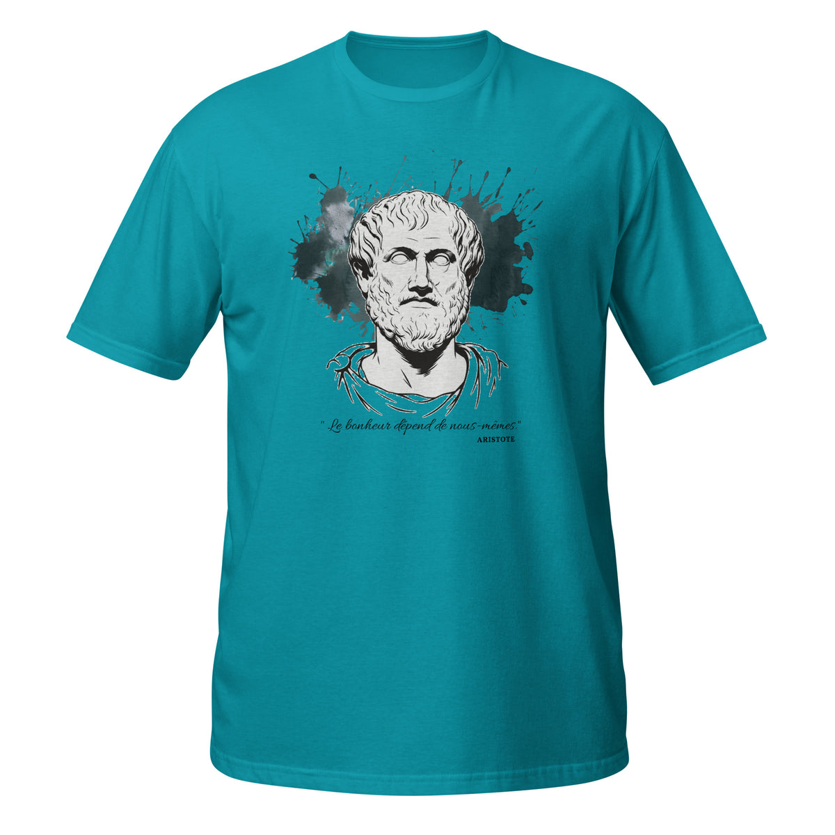 T-shirt turquoise avec buste antique d'Aristote, éclaboussures d'encre en arrière-plan et citation "Le bonheur dépend de nous-mêmes"
