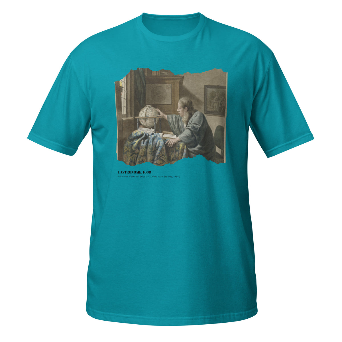 T-shirt turquoise avec motif de L'Astronome de Vermeer, effet papier déchiré, texte L'Astronome, 1668