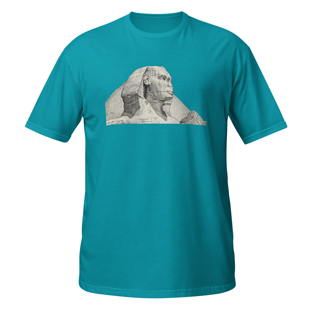 T-shirt bleu turquoise avec illustration au crayon du Sphinx de Gizeh et des pyramides d'Égypte