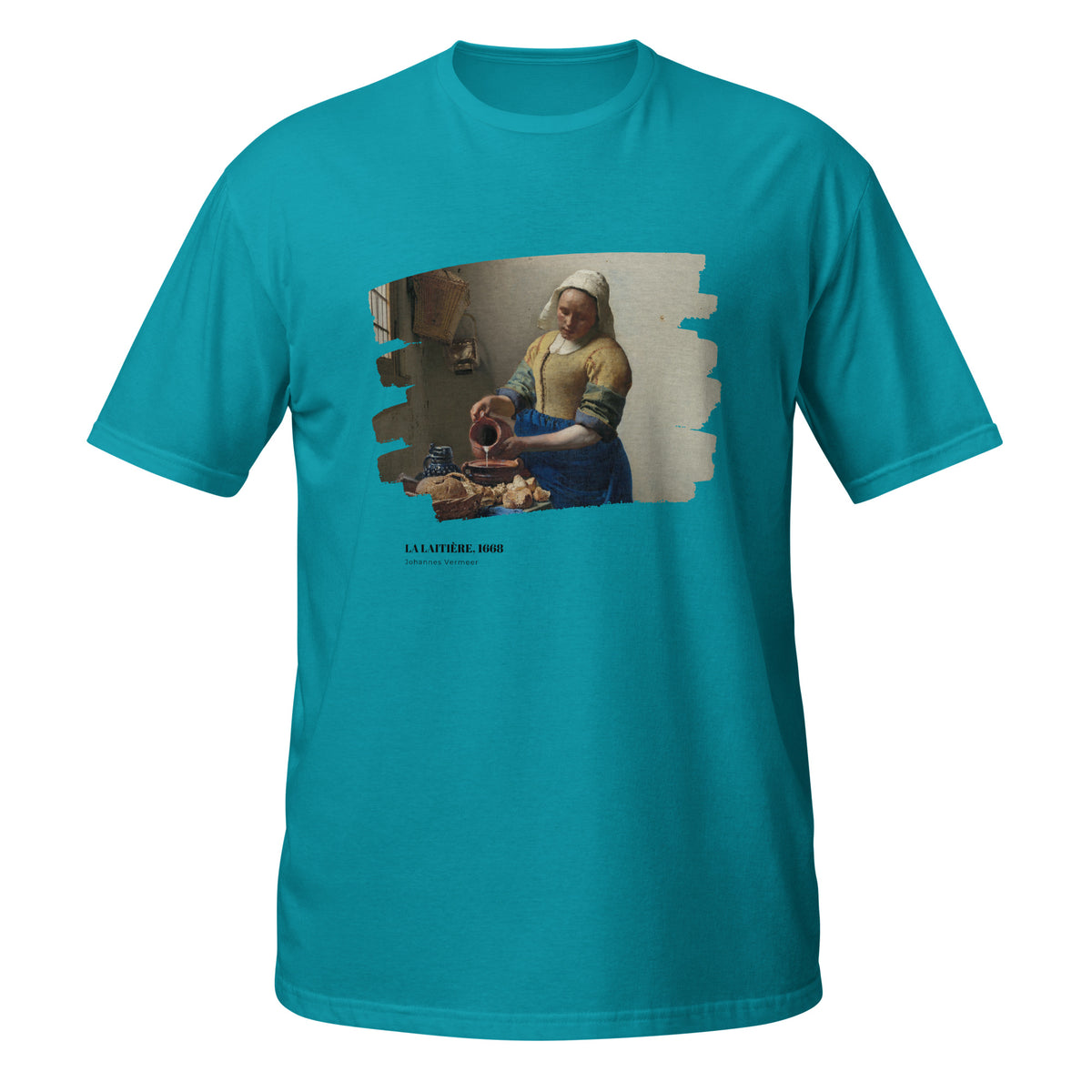 T-shirt turquoise avec reproduction du tableau "La Laitière" de Johannes Vermeer, effet toile déchirée