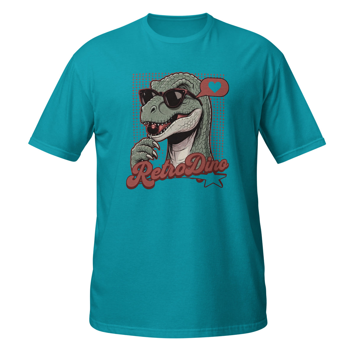 T-shirt turquoise avec illustration rétro d'un dinosaure à lunettes de soleil et texte "RetroDino"