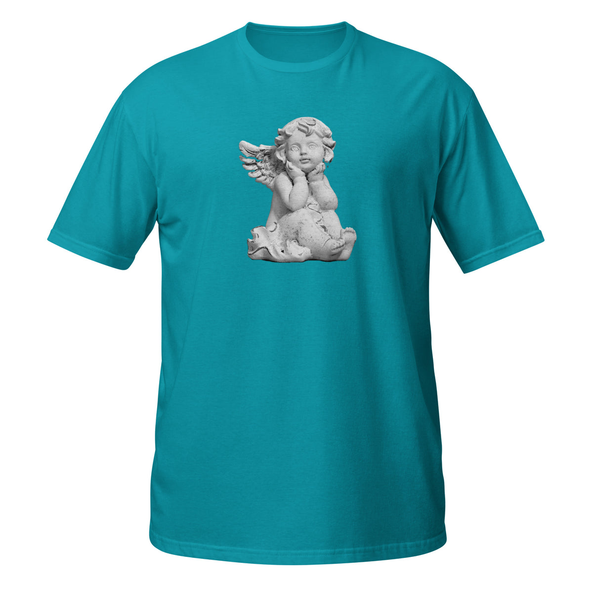 T-shirt bleu avec illustration d'une statuette d'angelot en pierre, assis et le menton posé sur les mains, regard tourné vers le ciel