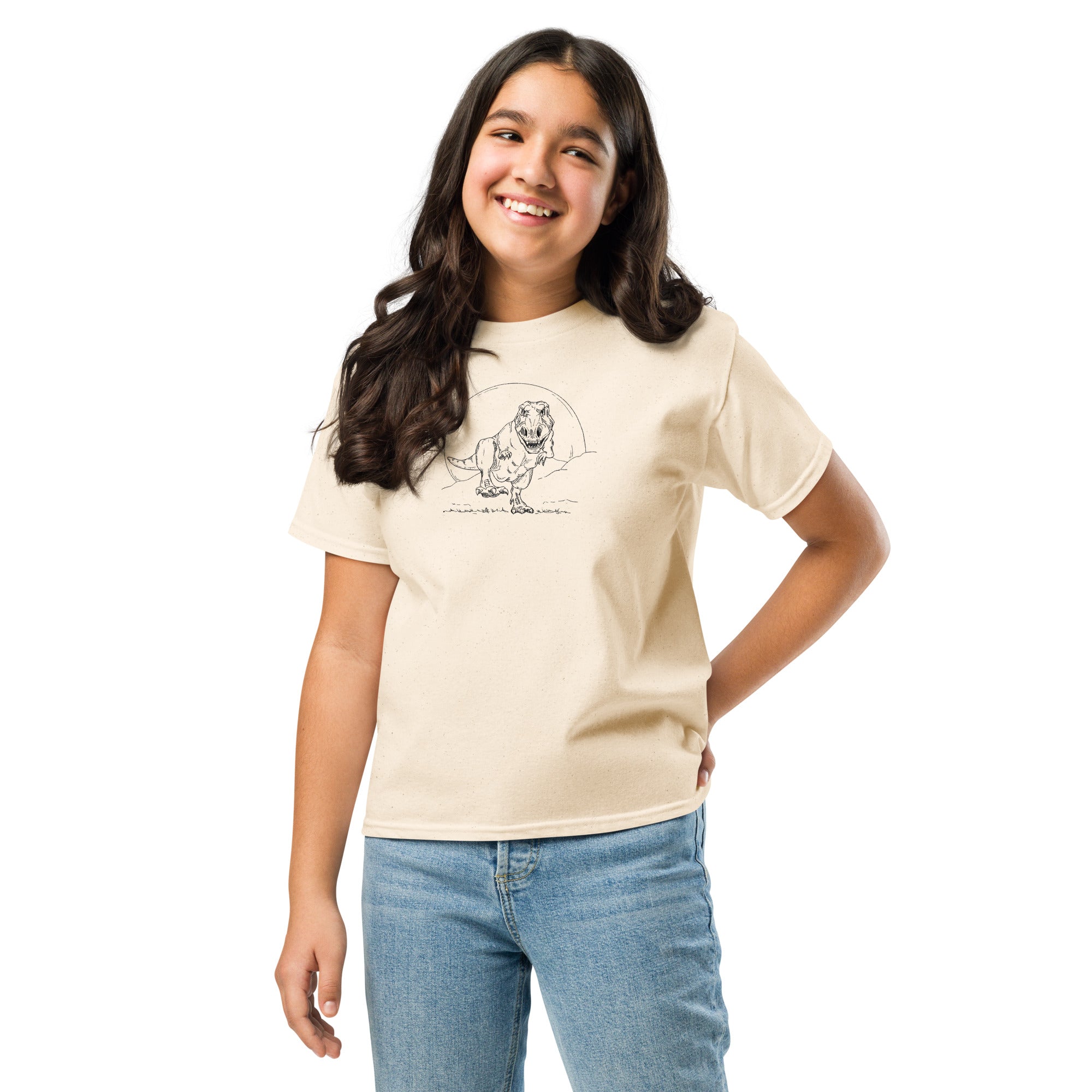 T-shirt enfant adolescent beige clair illustration Tyrannosaure Rex dessin ligne dinosaure paléontologie