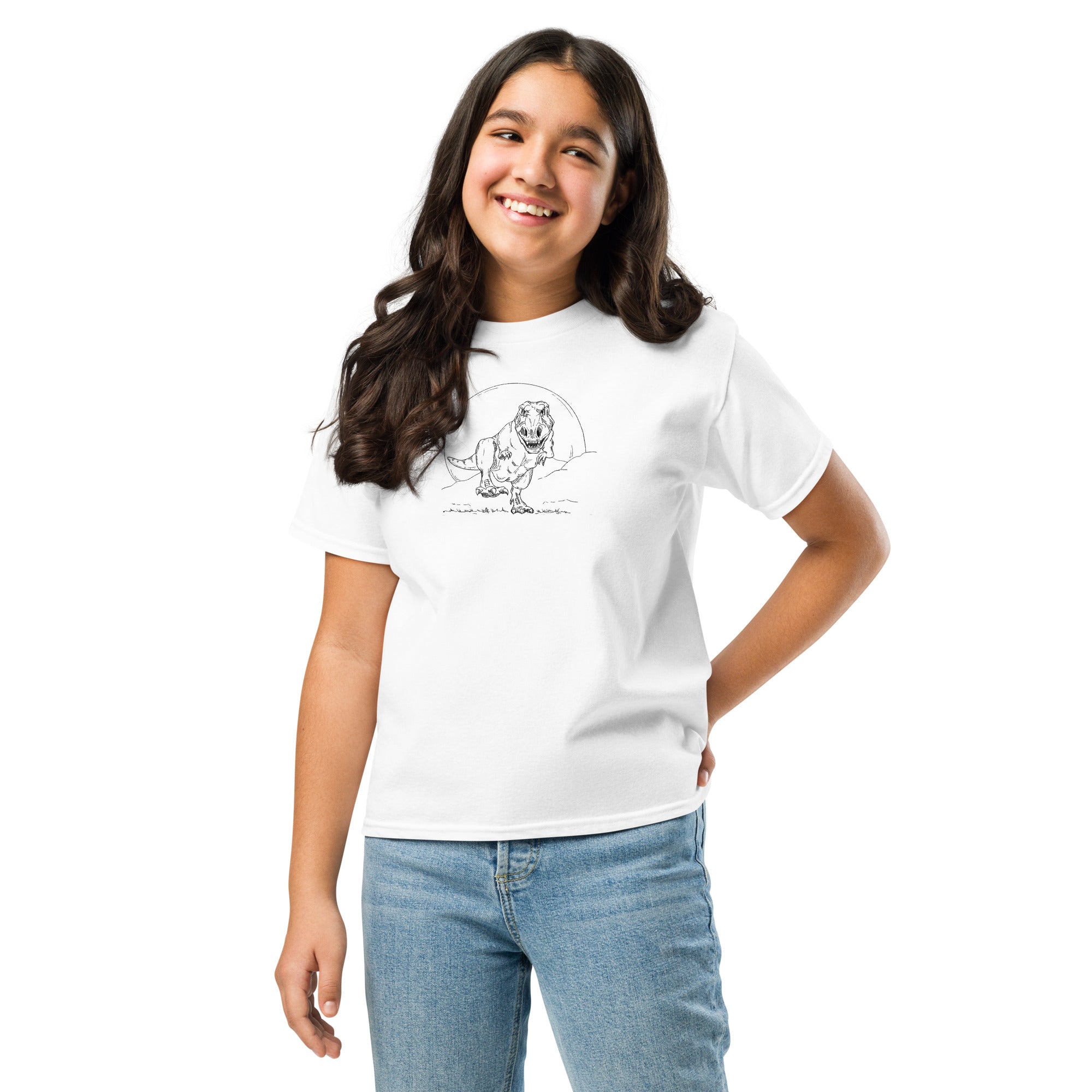 T-shirt enfant adolescent blanc illustration Tyrannosaure Rex dessin ligne dinosaure paléontologie