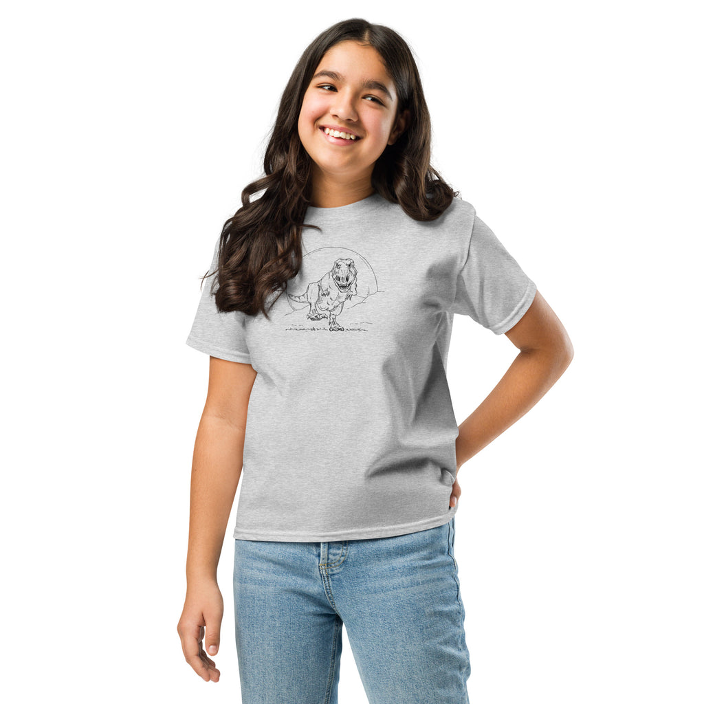 T-shirt enfant adolescent gris clair illustration Tyrannosaure Rex dessin ligne dinosaure paléontologie
