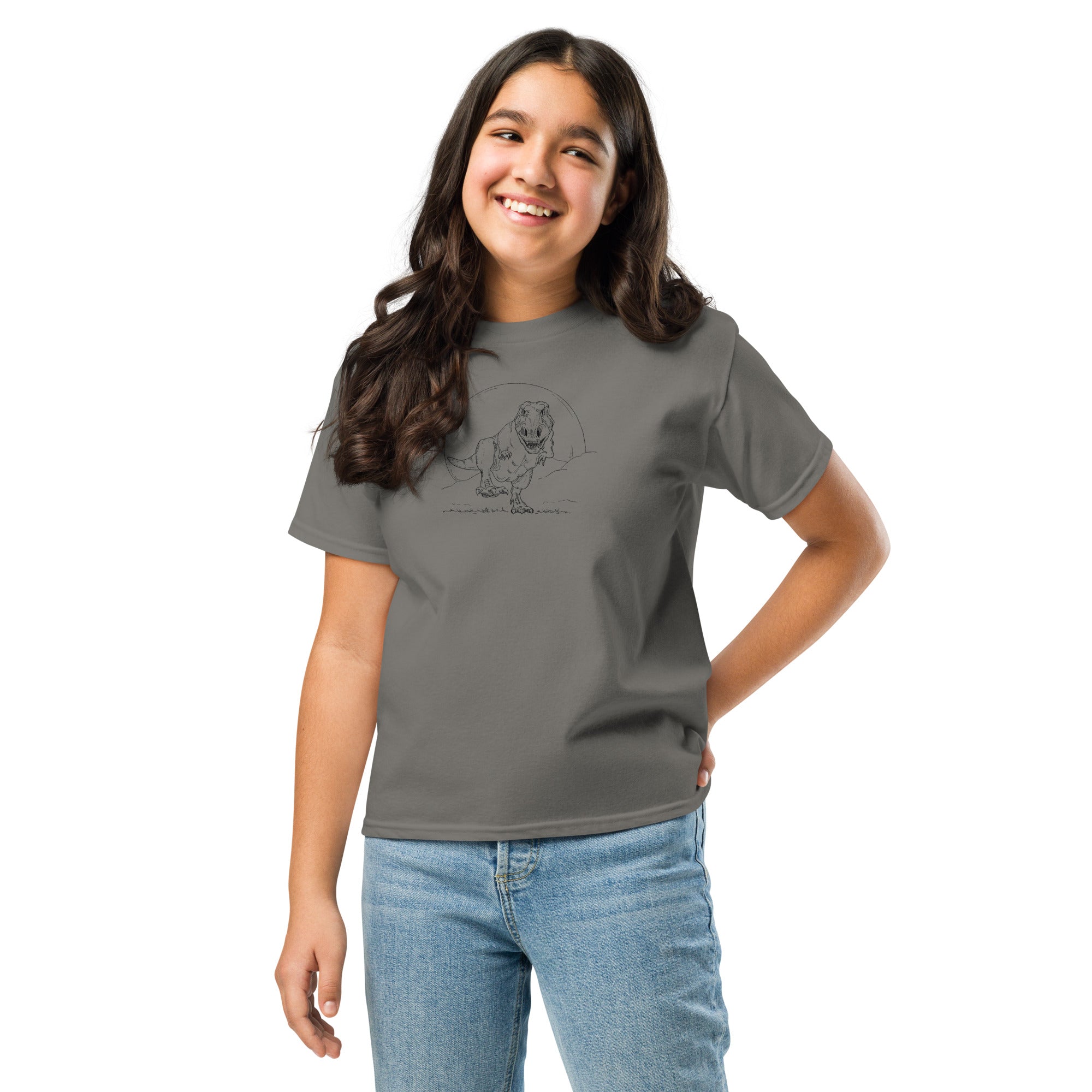 T-shirt enfant adolescent gris illustration Tyrannosaure Rex dessin ligne dinosaure paléontologie
