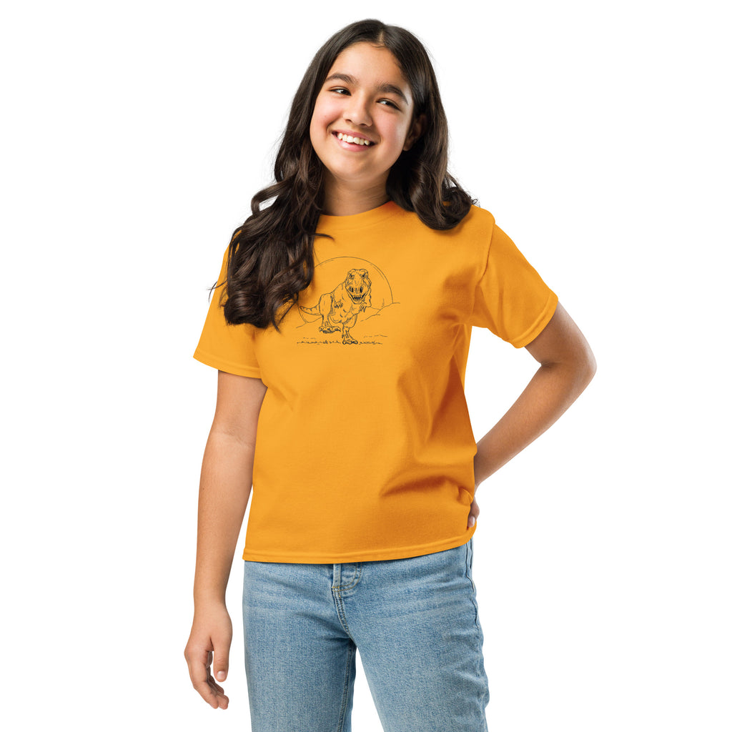 T-shirt enfant adolescent jaune illustration Tyrannosaure Rex dessin ligne dinosaure paléontologie