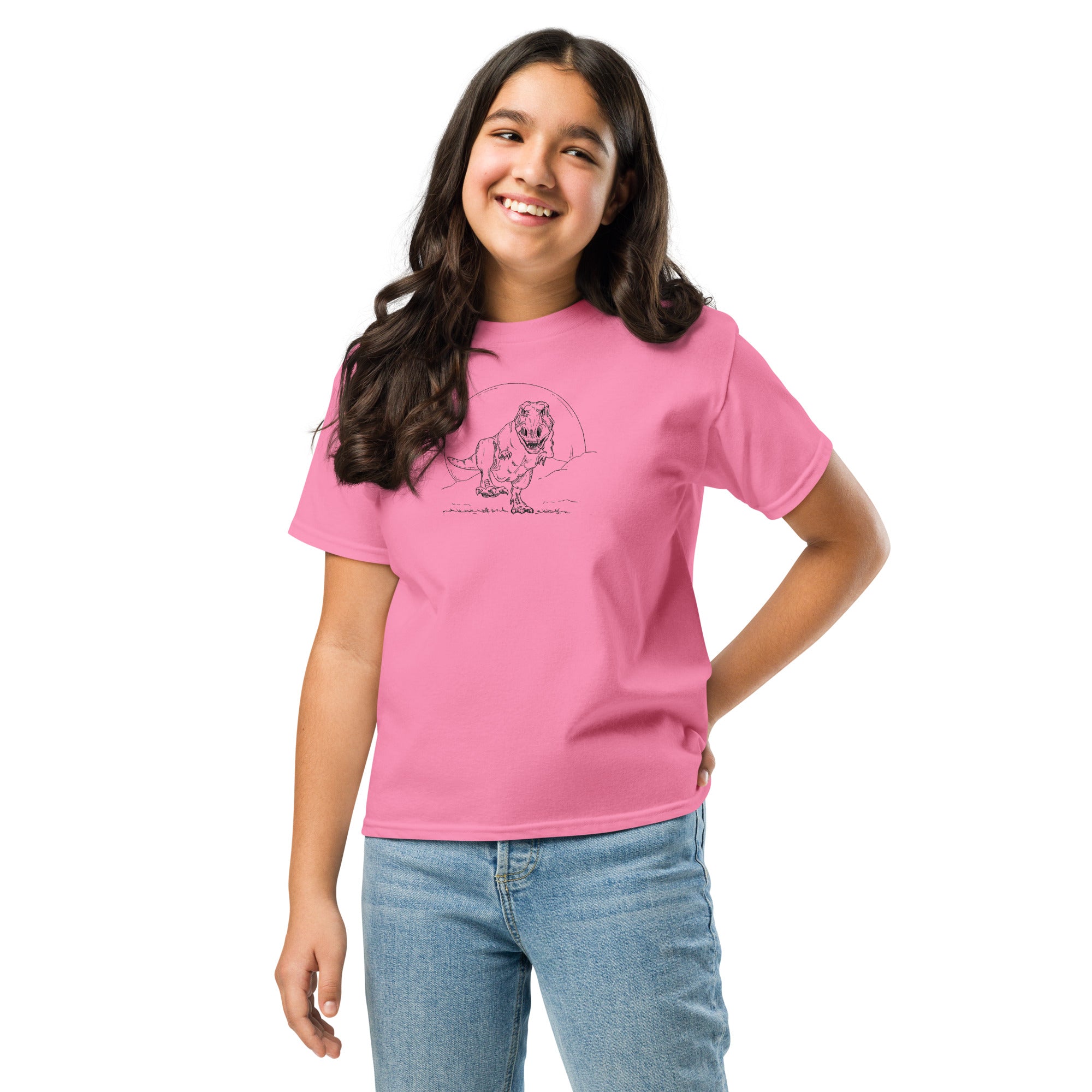 T-shirt enfant adolescent rose illustration Tyrannosaure Rex dessin ligne dinosaure paléontologie