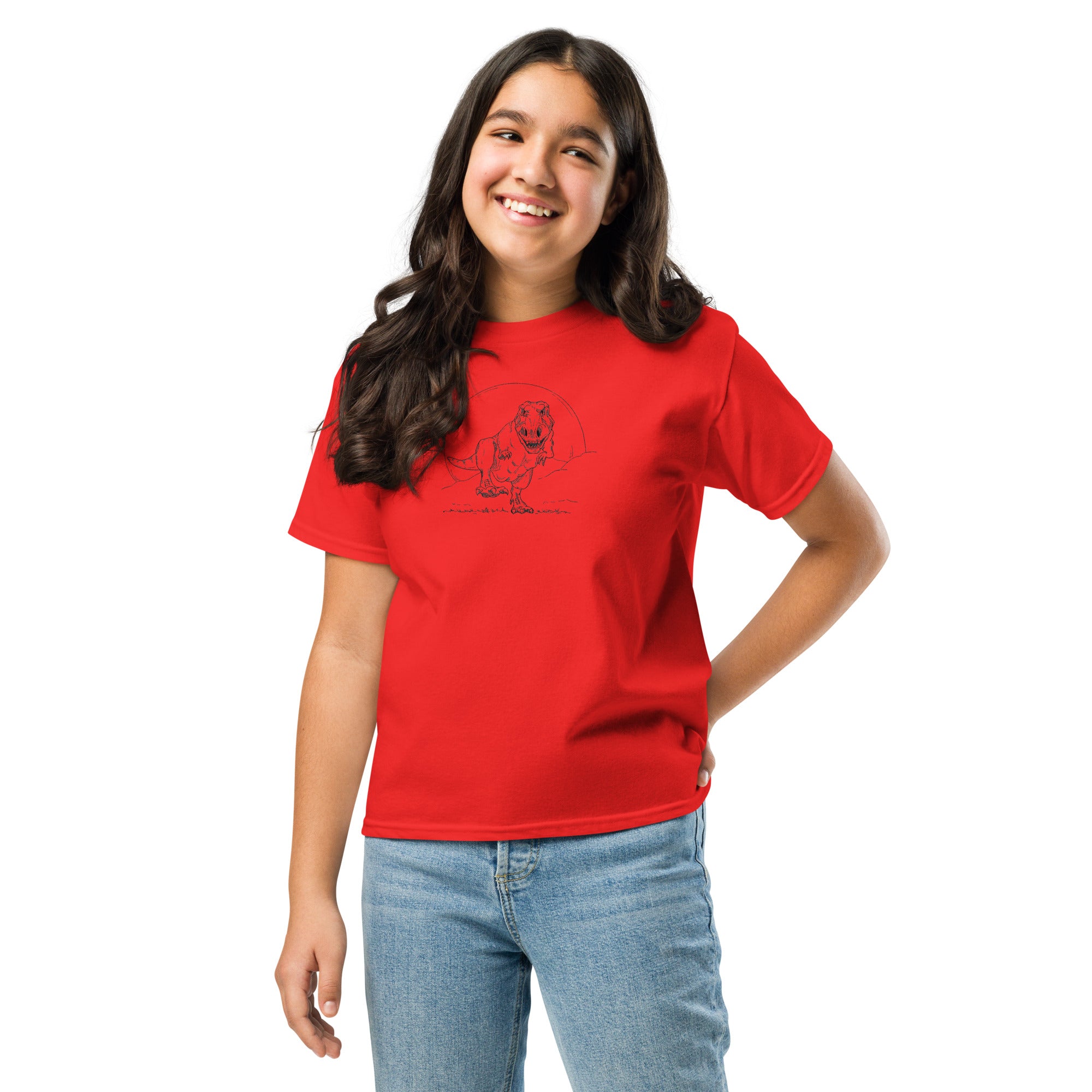 T-shirt enfant adolescent rouge illustration Tyrannosaure Rex dessin ligne dinosaure paléontologie
