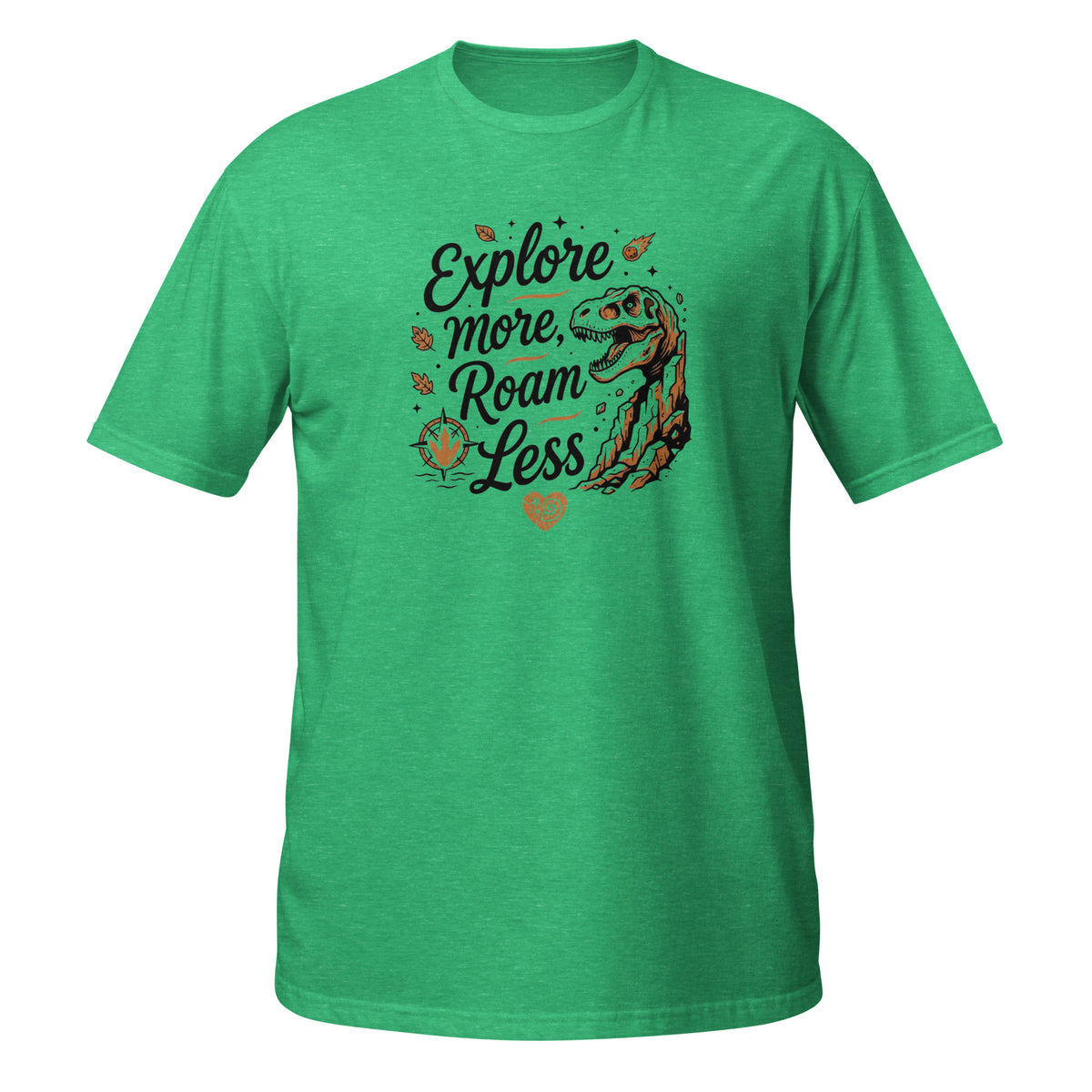 T-shirt vert à manches courtes avec illustration T-Rex fossile et texte "Explore more, roam less"
