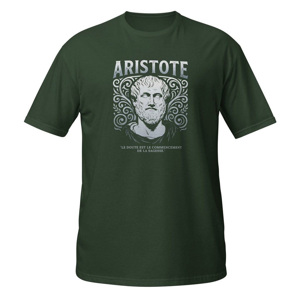 T-shirt vert kaki avec portrait illustré d'Aristote entouré d'ornements décoratifs, avec la citation "Le doute est le commencement de la sagesse"