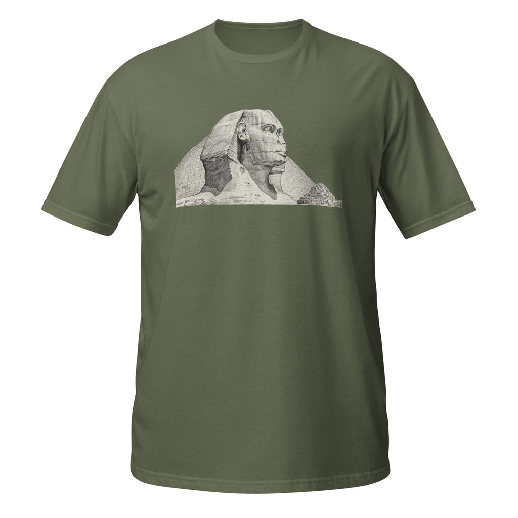T-shirt vert kaki avec illustration au crayon du Sphinx de Gizeh et des pyramides d'Égypte
