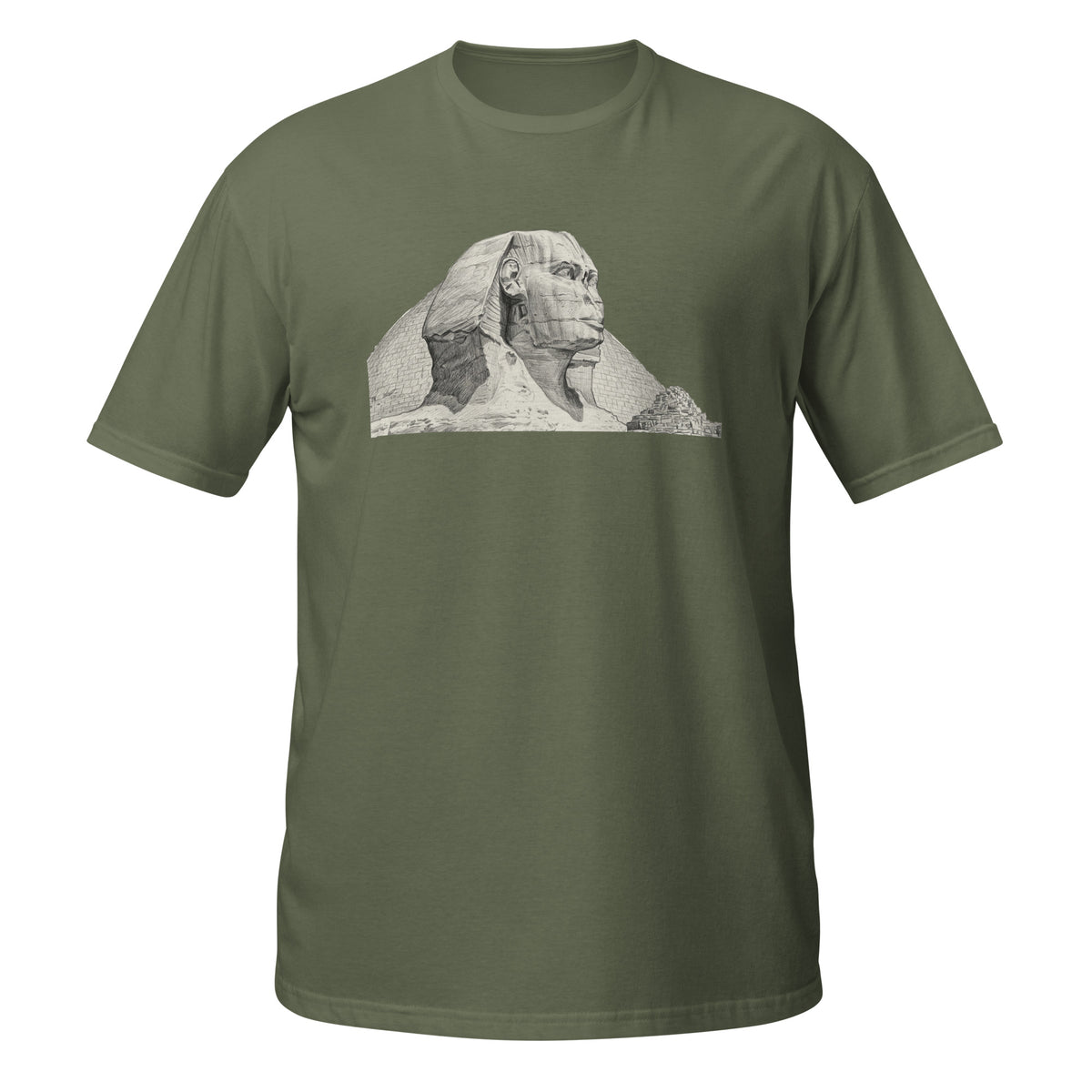 T-shirt vert kaki avec illustration au crayon du Sphinx de Gizeh et des pyramides d'Égypte