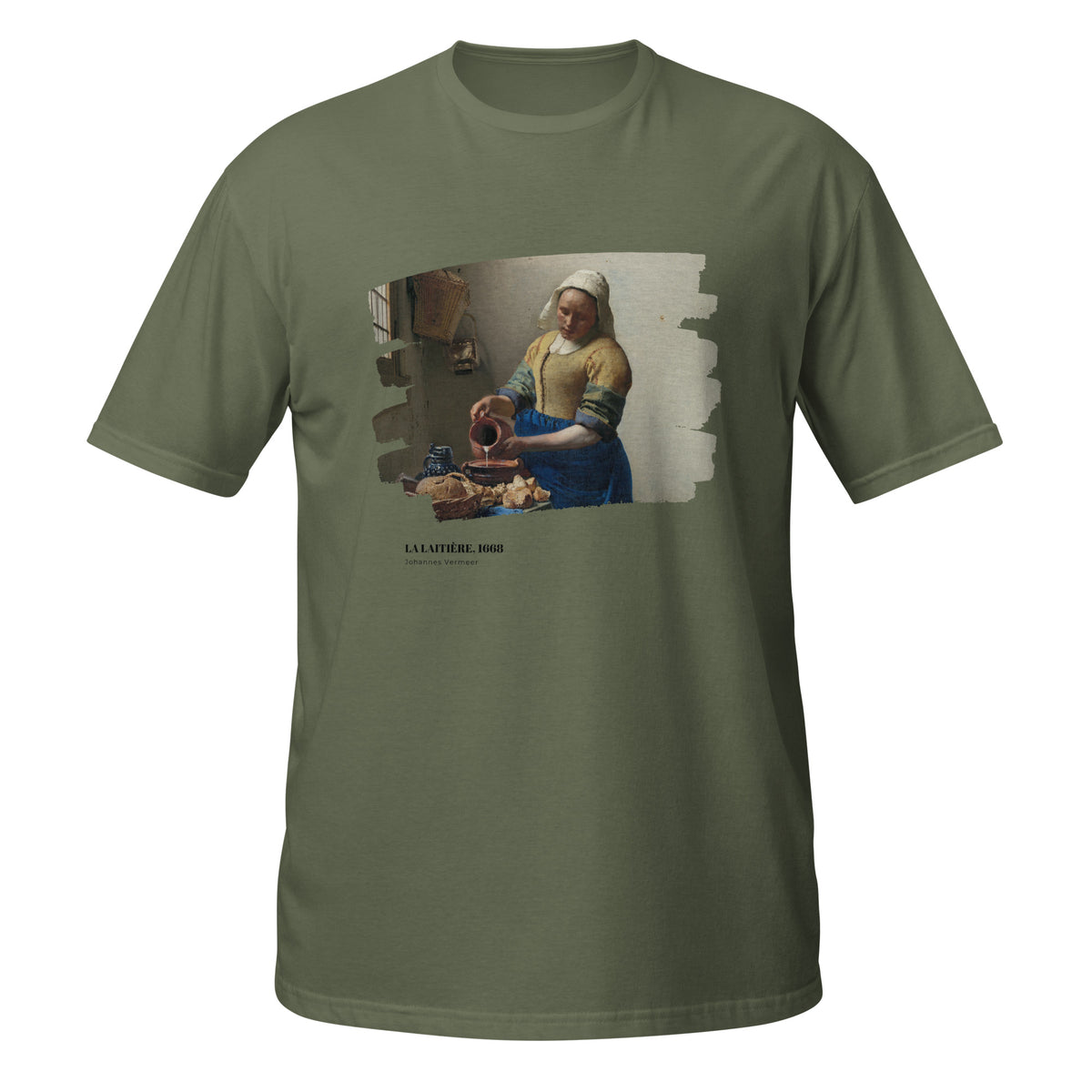 T-shirt vert kaki avec reproduction du tableau "La Laitière" de Johannes Vermeer, effet toile déchirée