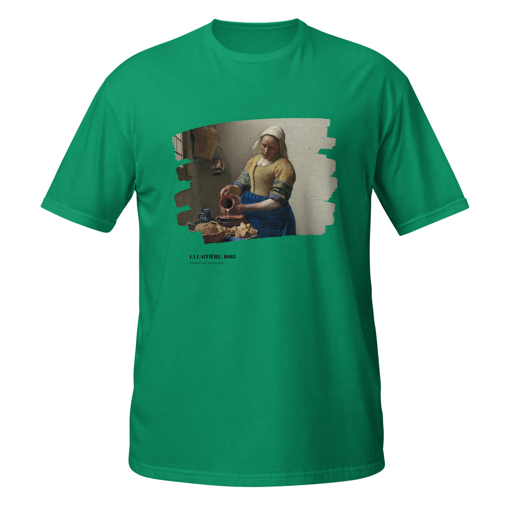 T-shirt vert avec reproduction du tableau "La Laitière" de Johannes Vermeer, effet toile déchirée