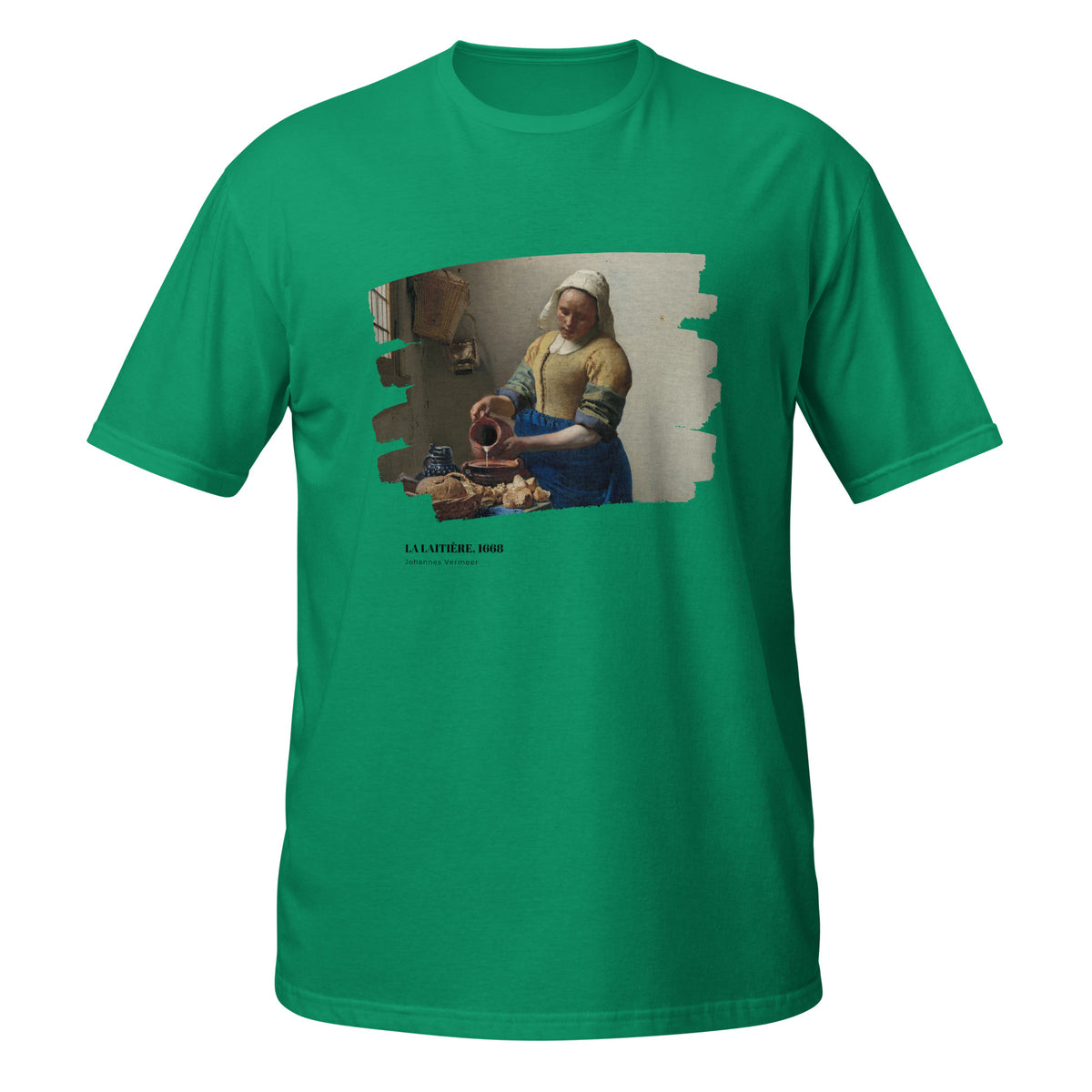 T-shirt vert avec reproduction du tableau "La Laitière" de Johannes Vermeer, effet toile déchirée