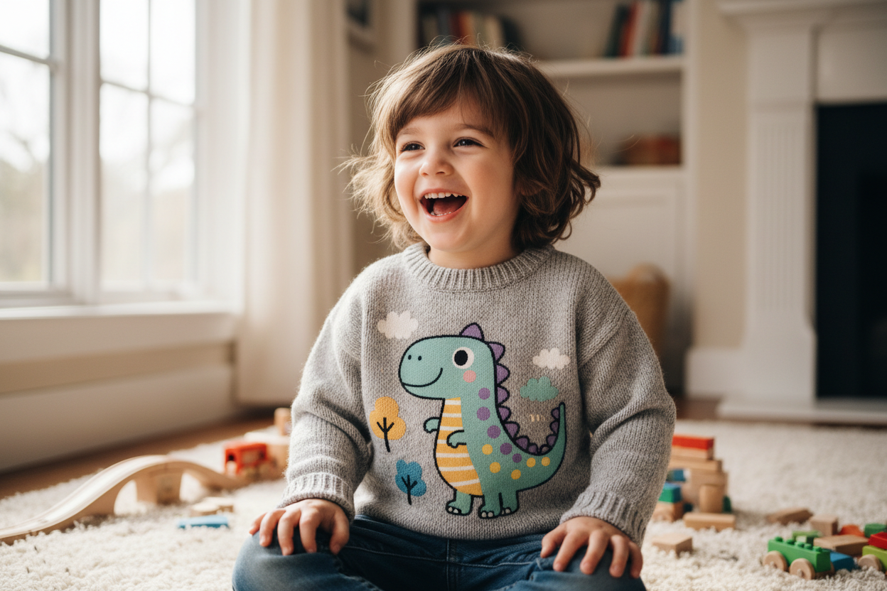 un enfant qui porte un pull avec un seul motif de dinosaure